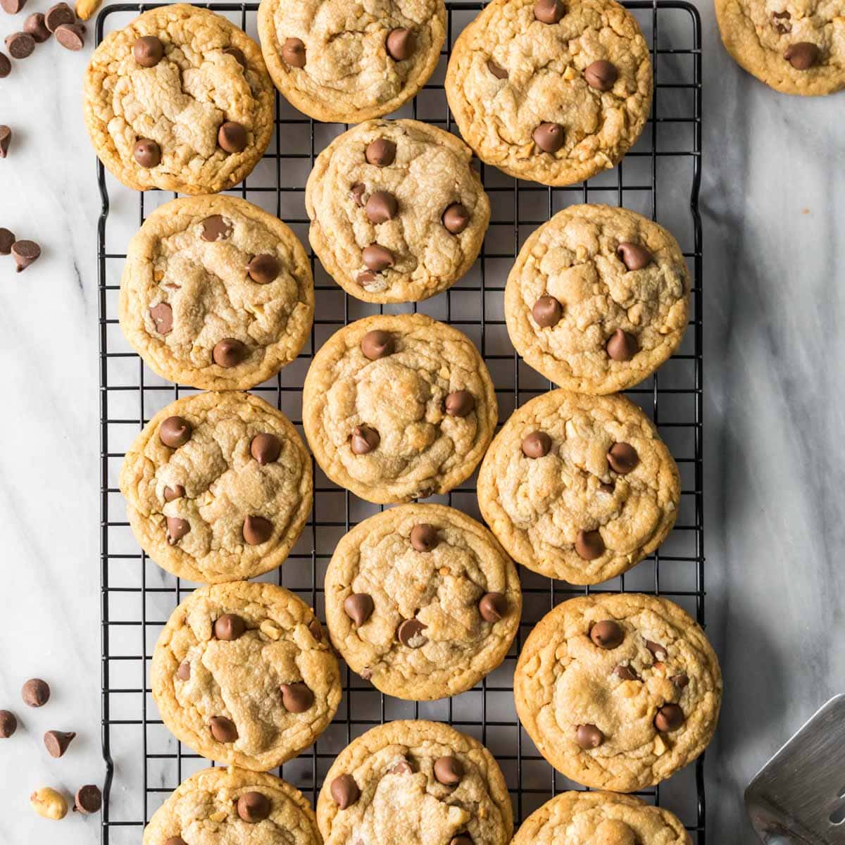 Overhead view of peanut butter chocolate chip cookies on a cooling rack.