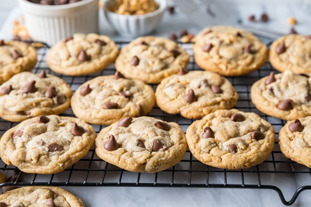 Cooling rack with peanut butter cookies topped with chocolate chips.