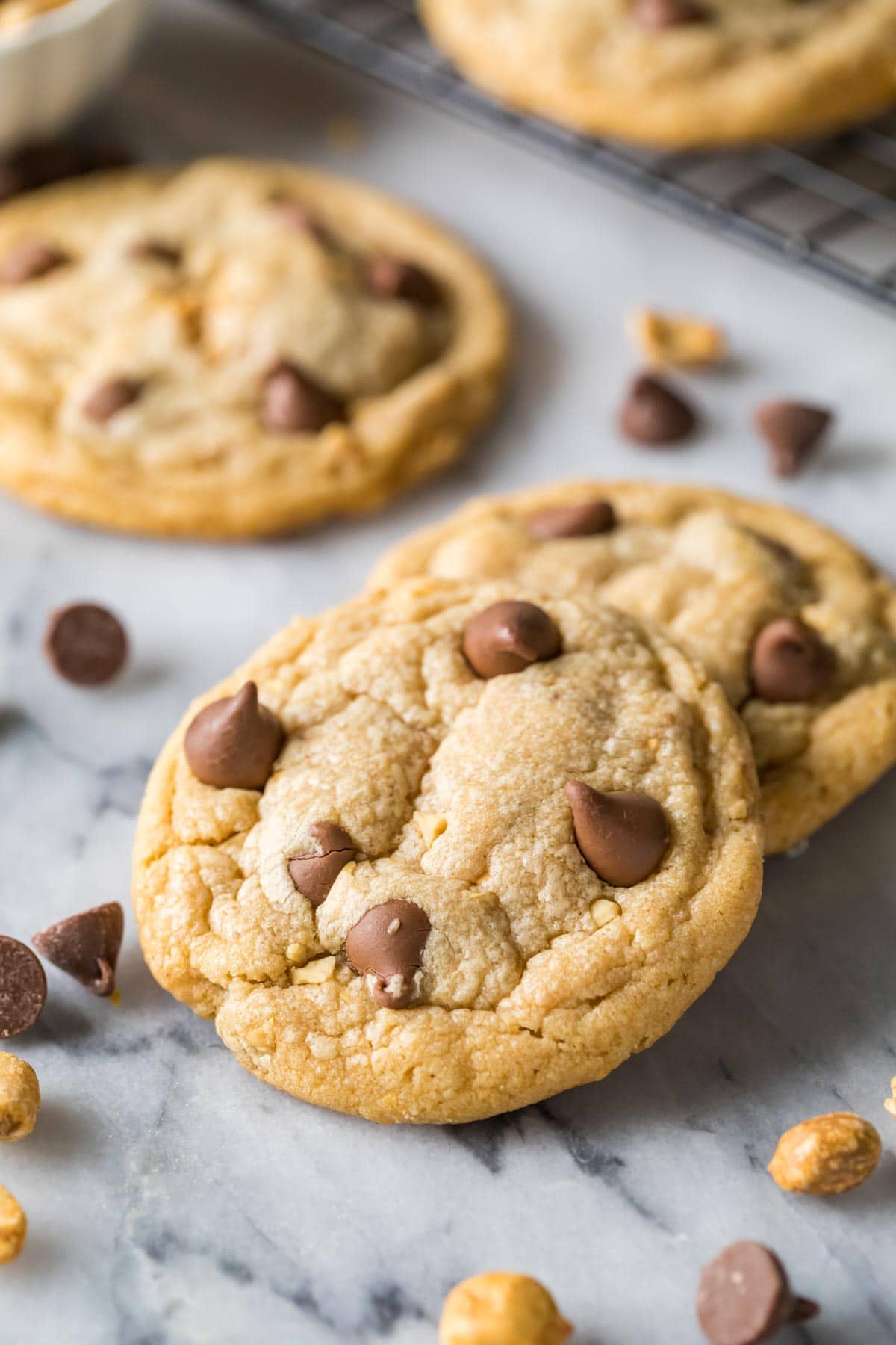 Close-up view of two peanut butter chocolate chip cookies.