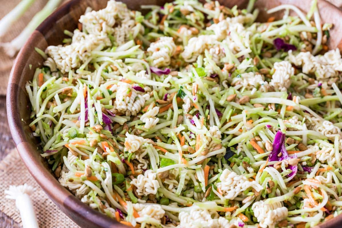 Ramen noodle salad in a wood bowl.