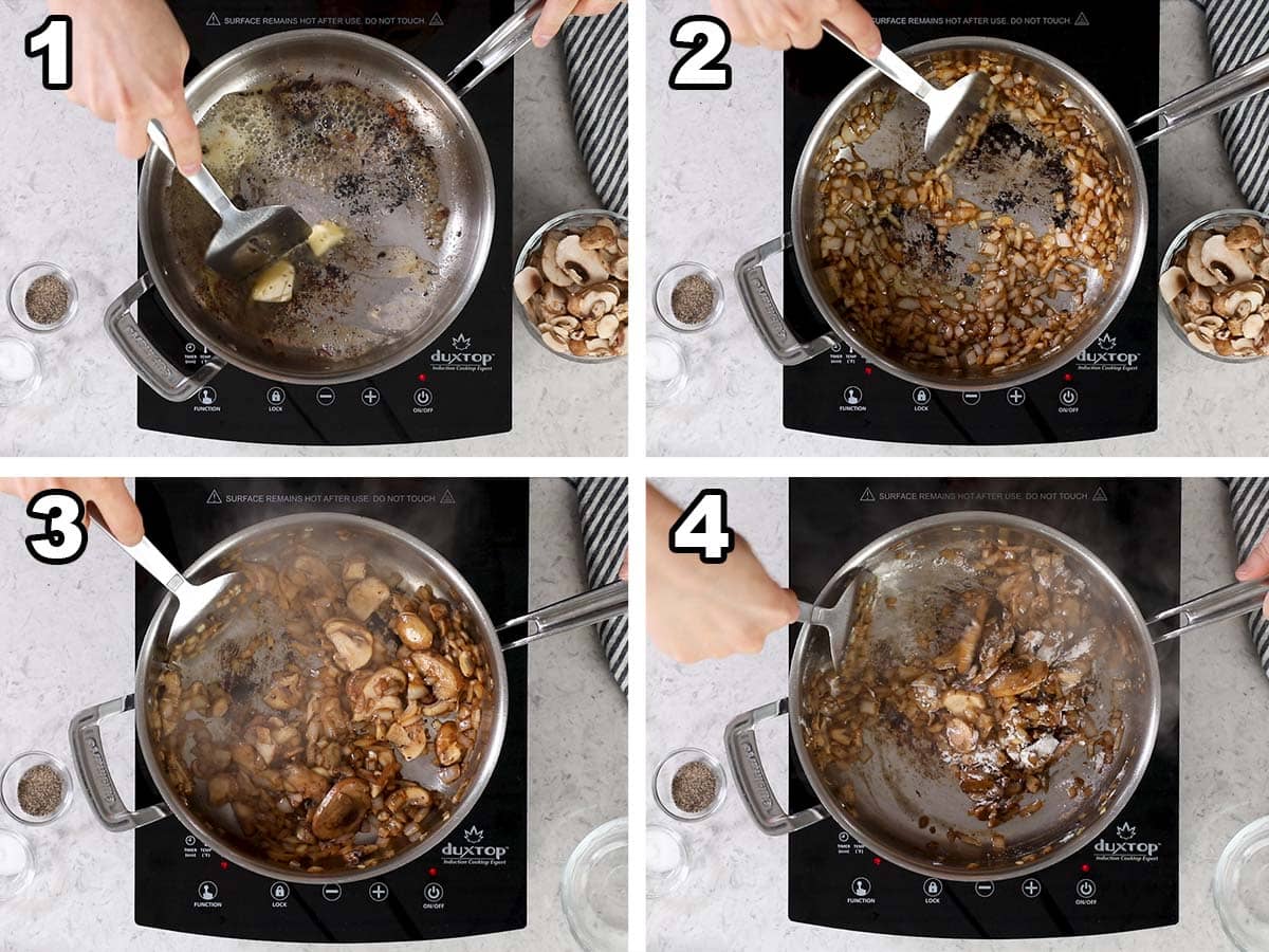 Collage of four photos showing onions and mushrooms being cooked in butter.