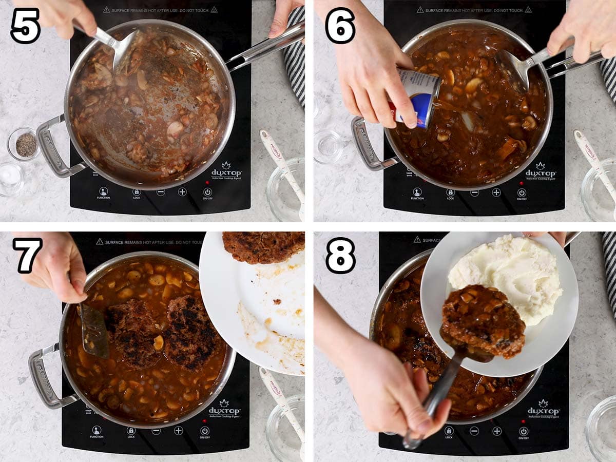 Collage of four photos showing gravy being made in a pan and steaks being added.
