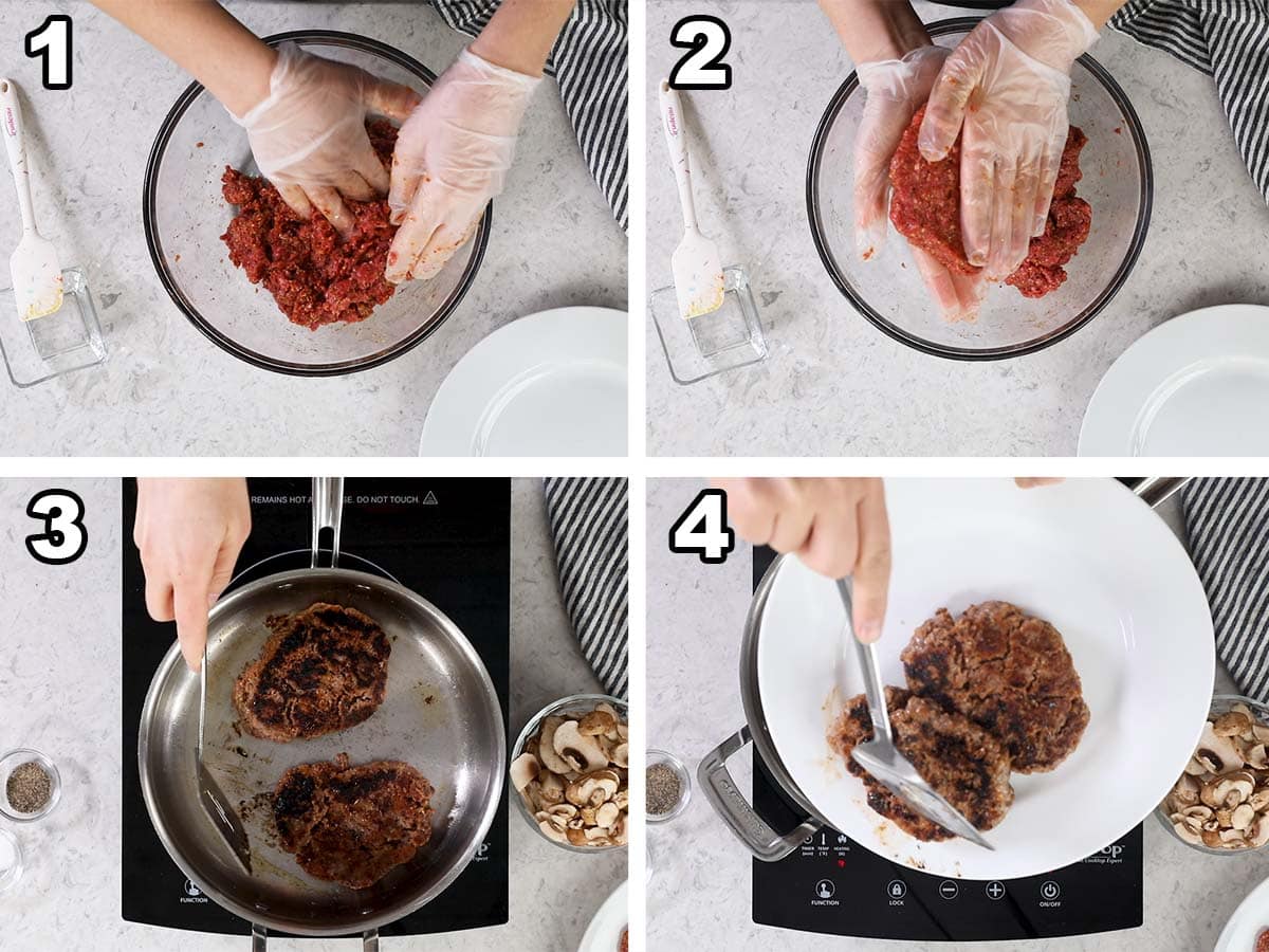 Collage of four photos showing ground beef being seasoned and formed into steaks before being seared.