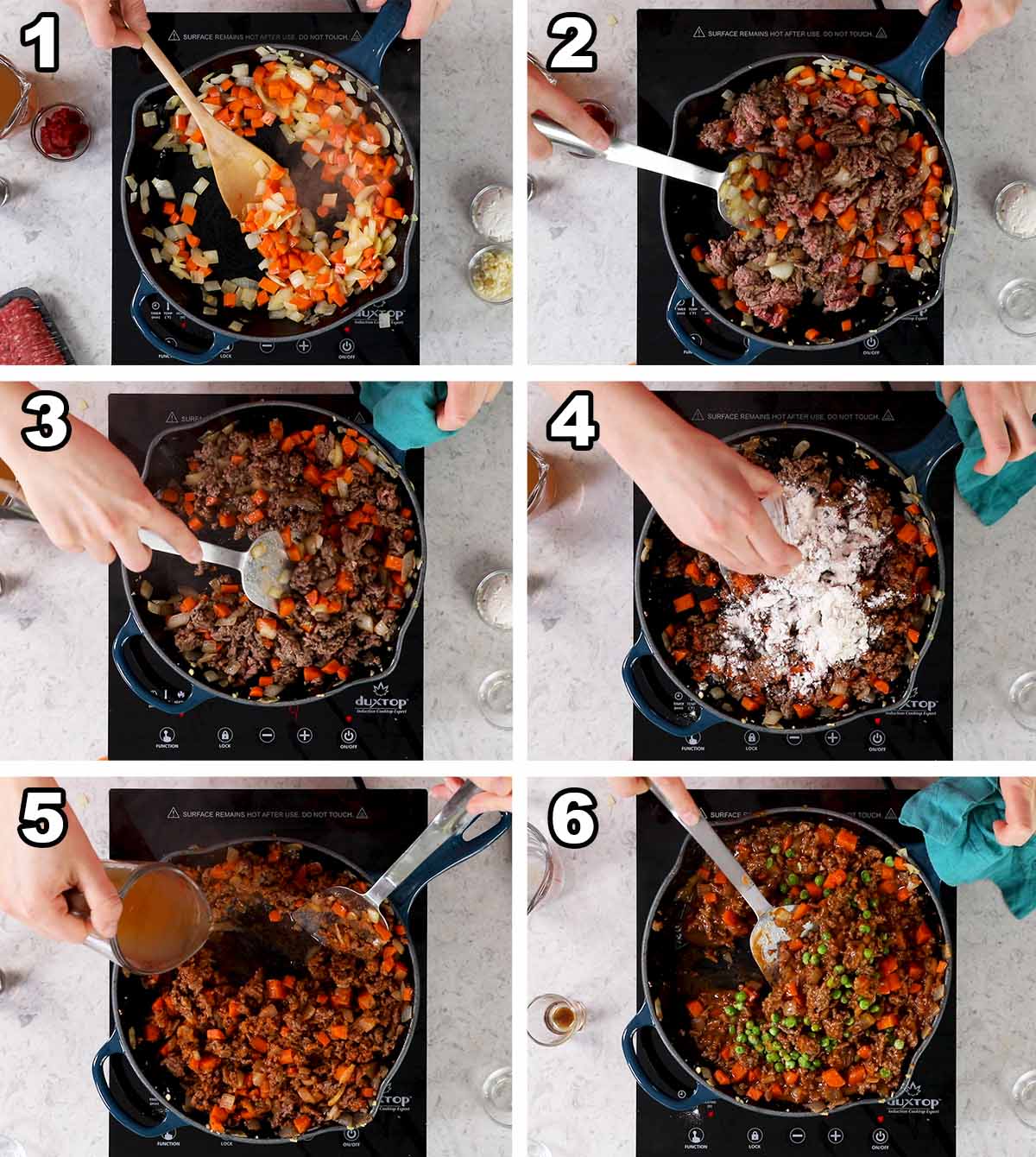 Collage of six photos showing vegetable and ground beef being sautéed together.
