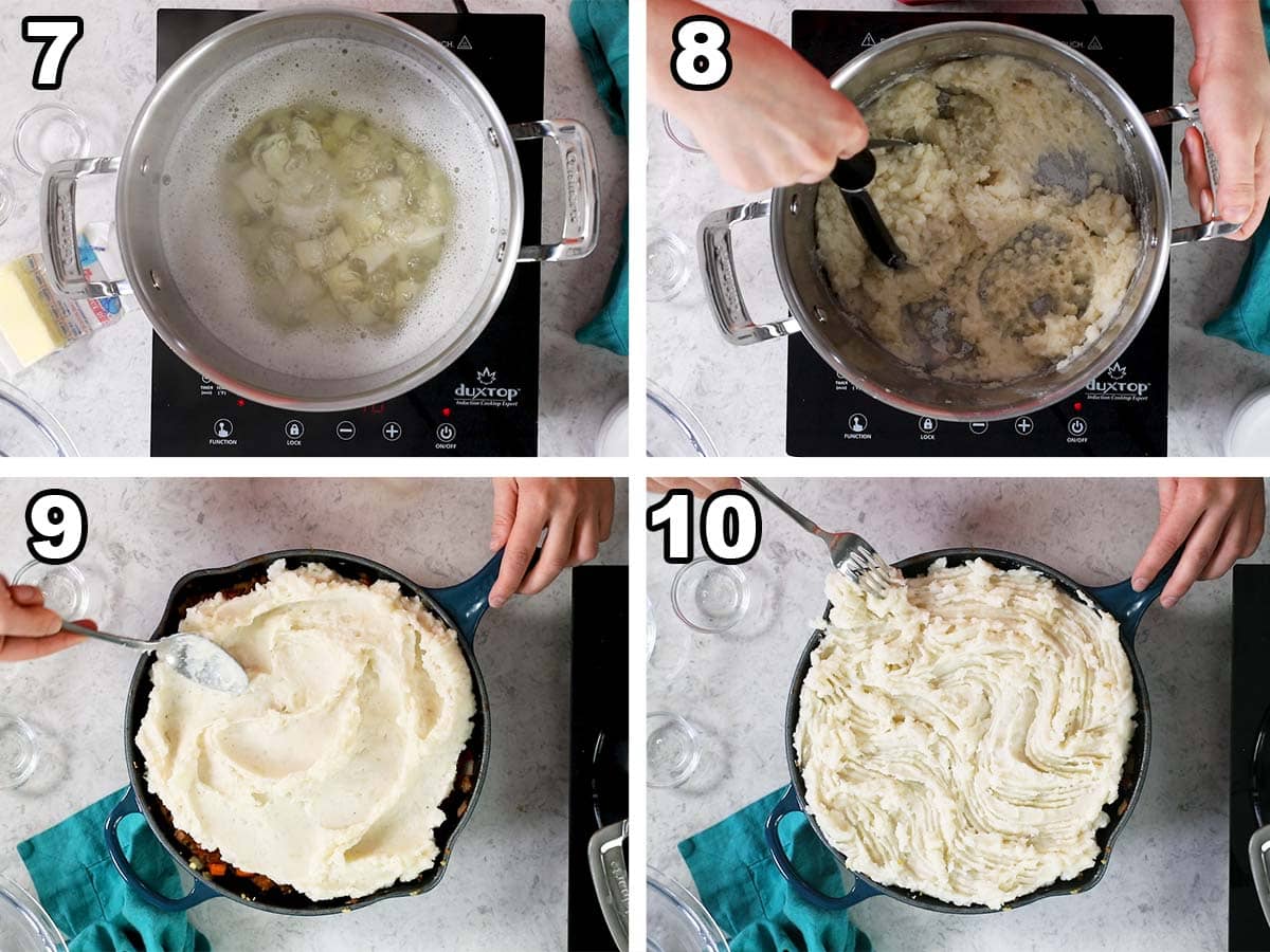 Collage of four photos showing potatoes being mashed and spread over a cast iron skillet of ground beef and vegetables.