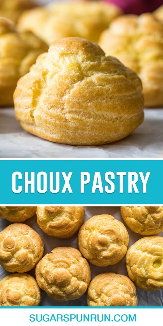 collage of choux pastry, top image of pastry baked close up, bottom image of multiple photographed from above
