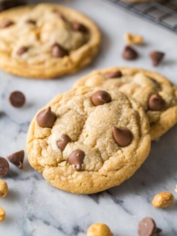 Close-up view of two peanut butter chocolate chip cookies.