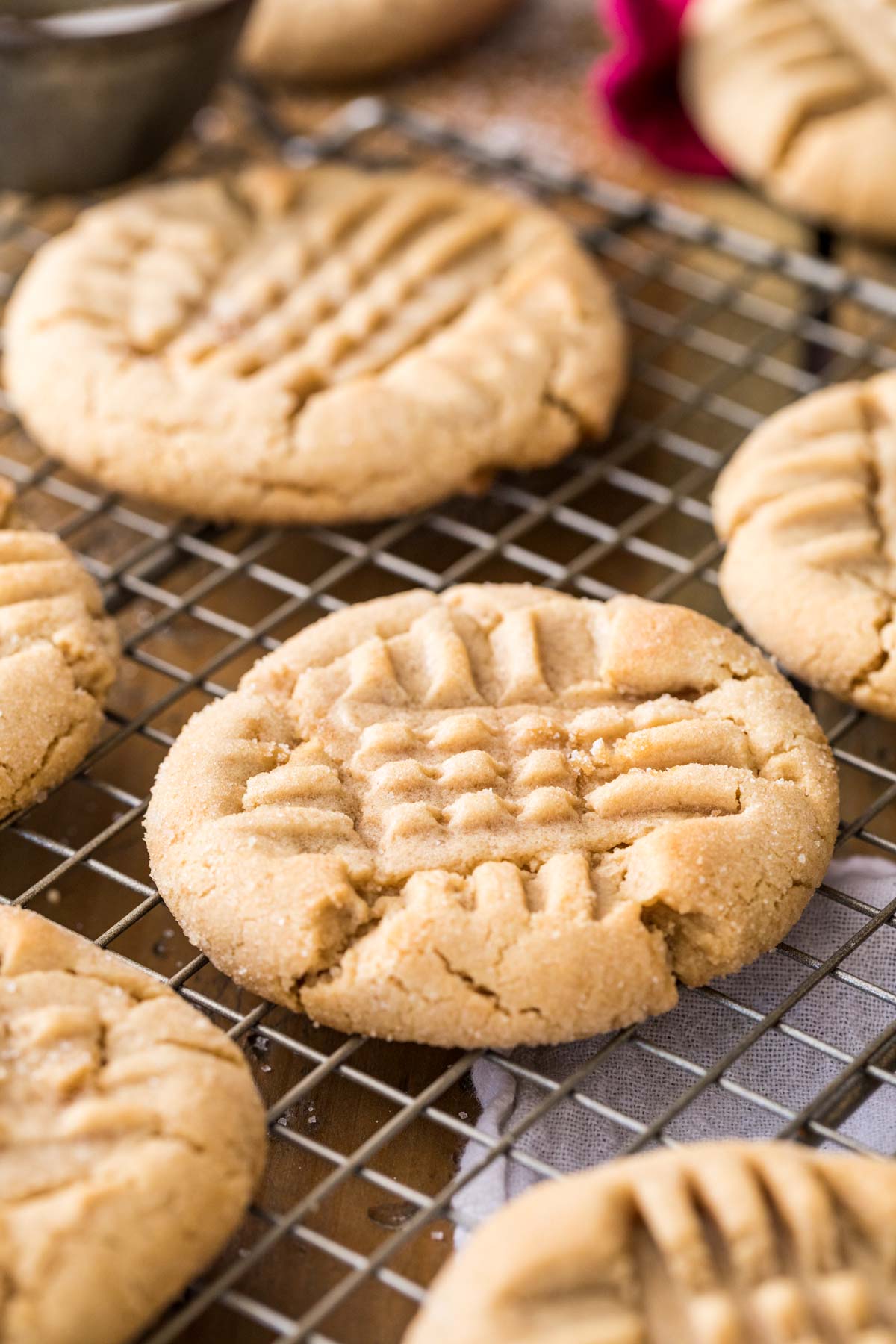 Peanut butter cookies cooling on a cooling rack.