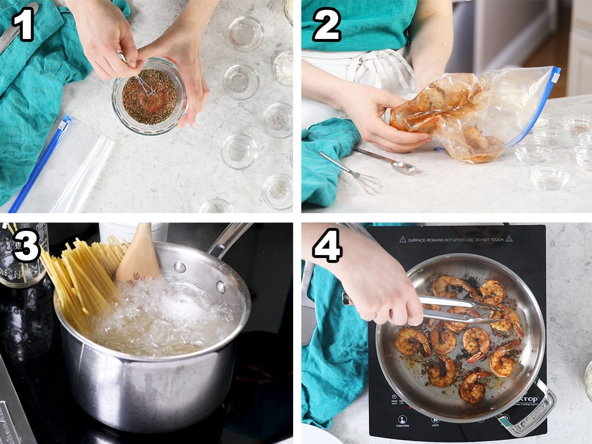 Collage of four photos showing shrimp being seasoned before being seared.