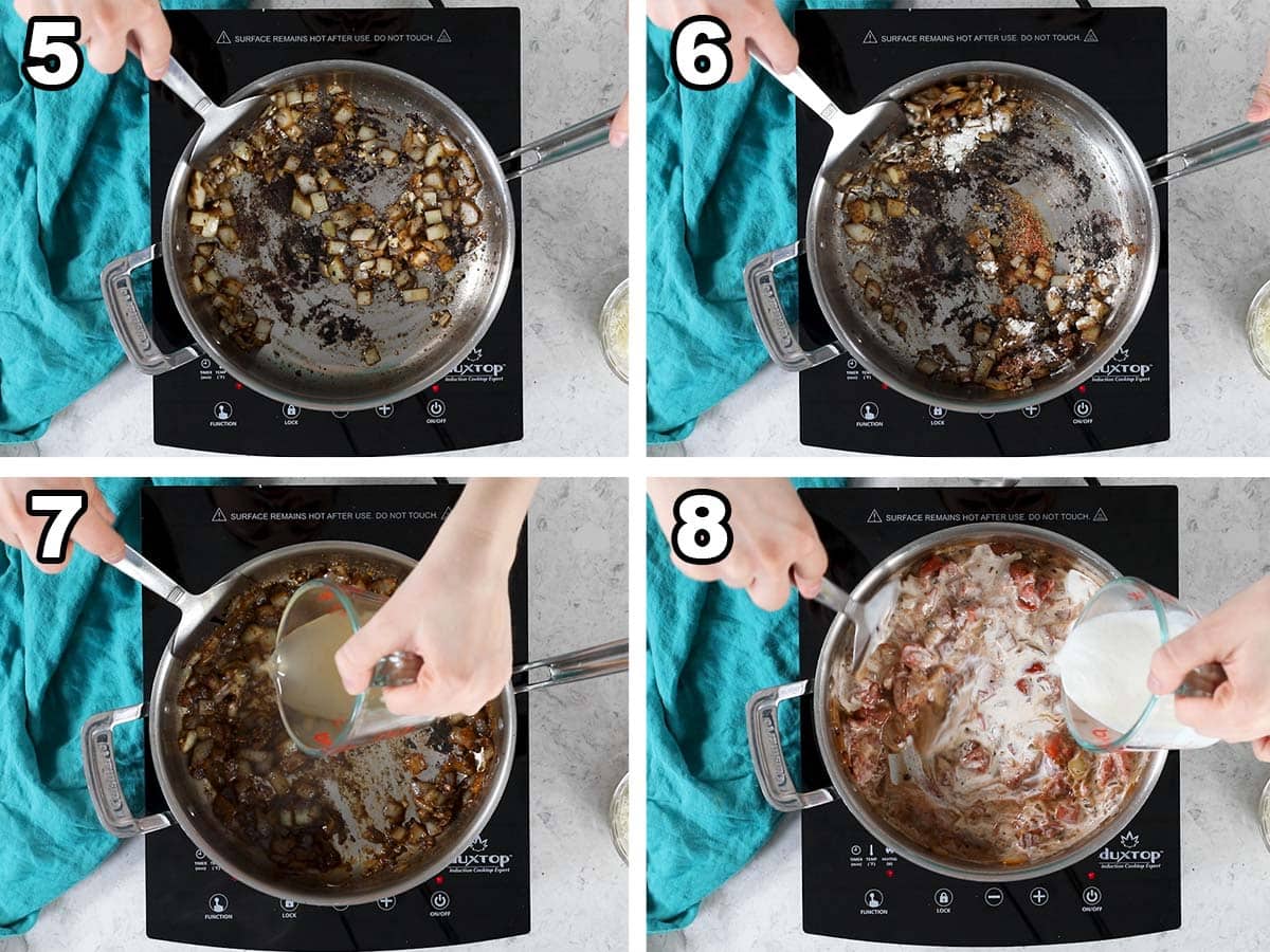 Collage of four photos showing onions being cooked and combined with broth and cream to make a sauce.