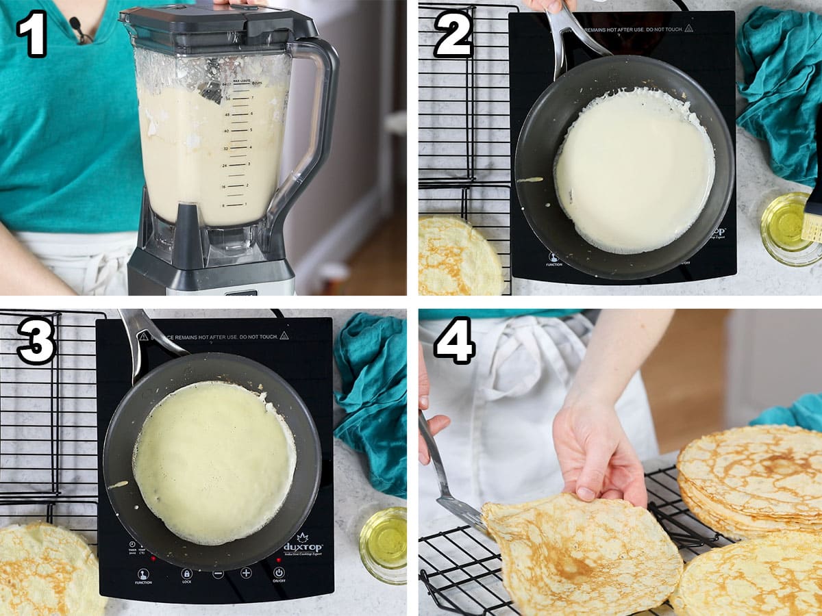 Collage of four photos showing crepe batter being prepared and cooked.
