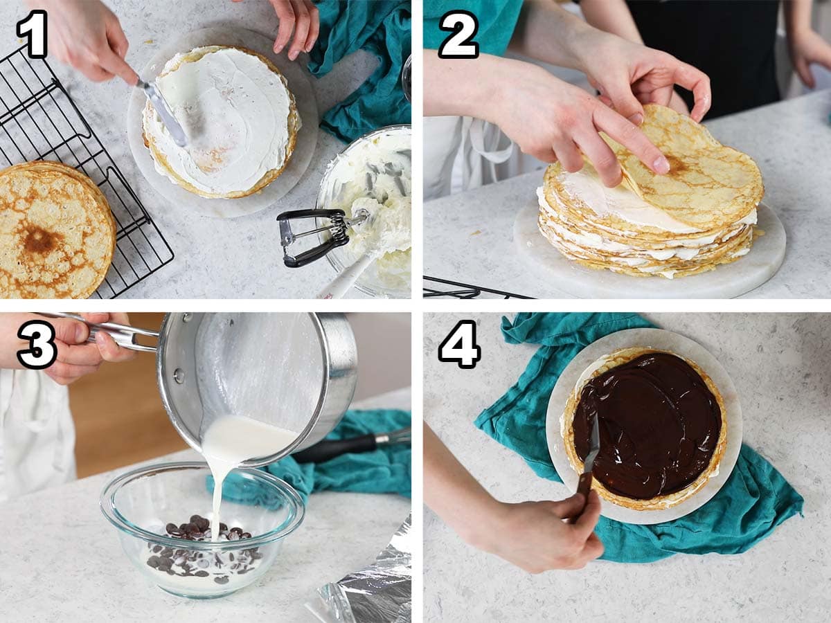 Collage of four photos showing crepe cake being assembled.