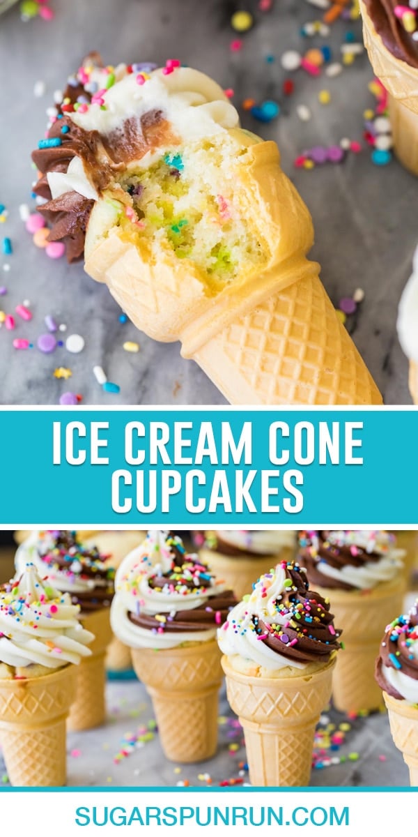 collage of ice cream cone cupcakes, top image of single cupcake cone with bite taken out, bottom image of multiple ice cream cone cupcakes neatly placed