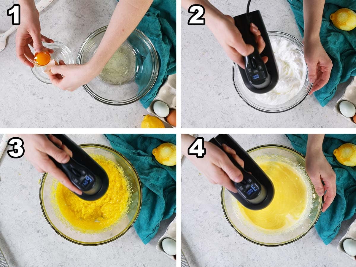 Collage of four photos showing egg whites being whipped and egg yolks being combined with wet ingredients.