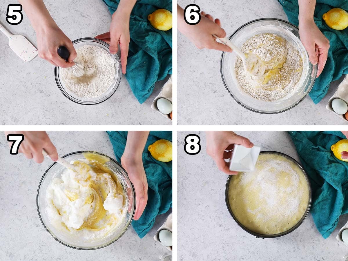 Collage of four photos showing dry ingredients and whipped egg whites being folded into cake batter.