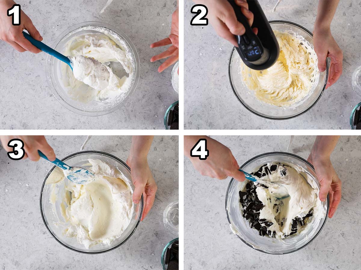 Collage of four photos showing Oreos being folded into a whipped cream mixture to create a pie filling.