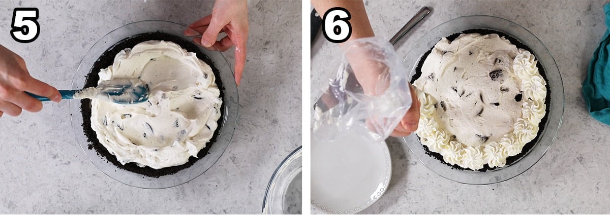 Collage aus vier Fotos, die einen Oreo-Kuchen vor und nach dem Abkühlen zeigen.