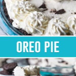 collage of oreo pie, top image of full pie, bottom image of single slice cut on white plate