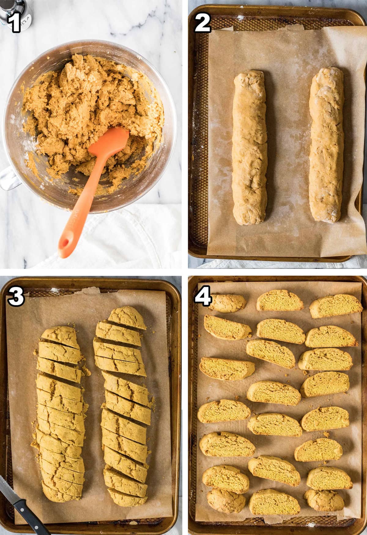 Numbered collage of four steps of making pumpkin biscotti.