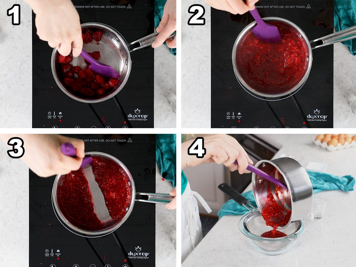 Collage of four photos showing raspberry sauce being prepared on the stove.