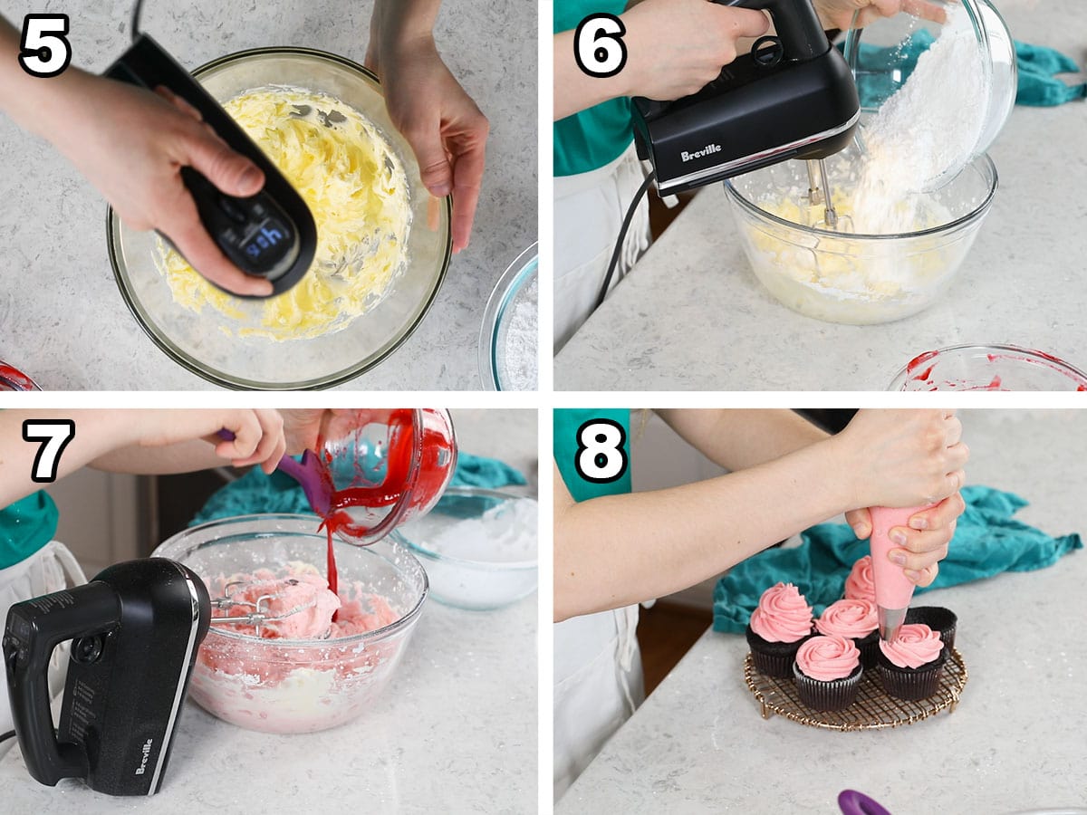 Collage of four photos showing raspberry sauce being whipped into buttercream to create raspberry frosting.