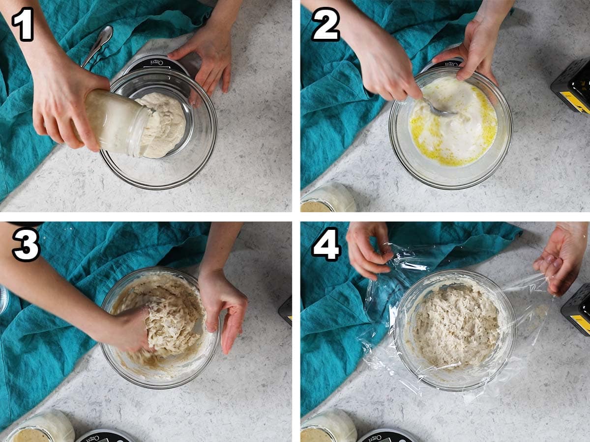 Collage of four photos showing sourdough starter being combined with flour and water to create a dough.
