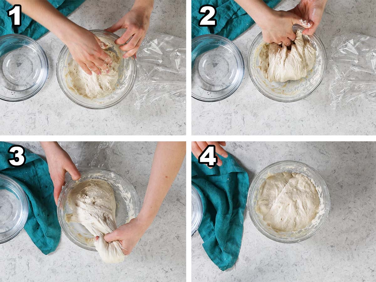 Collage of four photos showing dough being lifted and folded while rising.