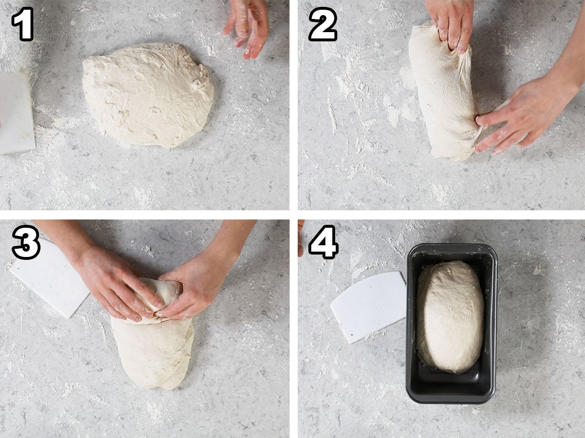 Collage of four photos showing dough being folded and formed into a loaf being being placed in a bread pan.