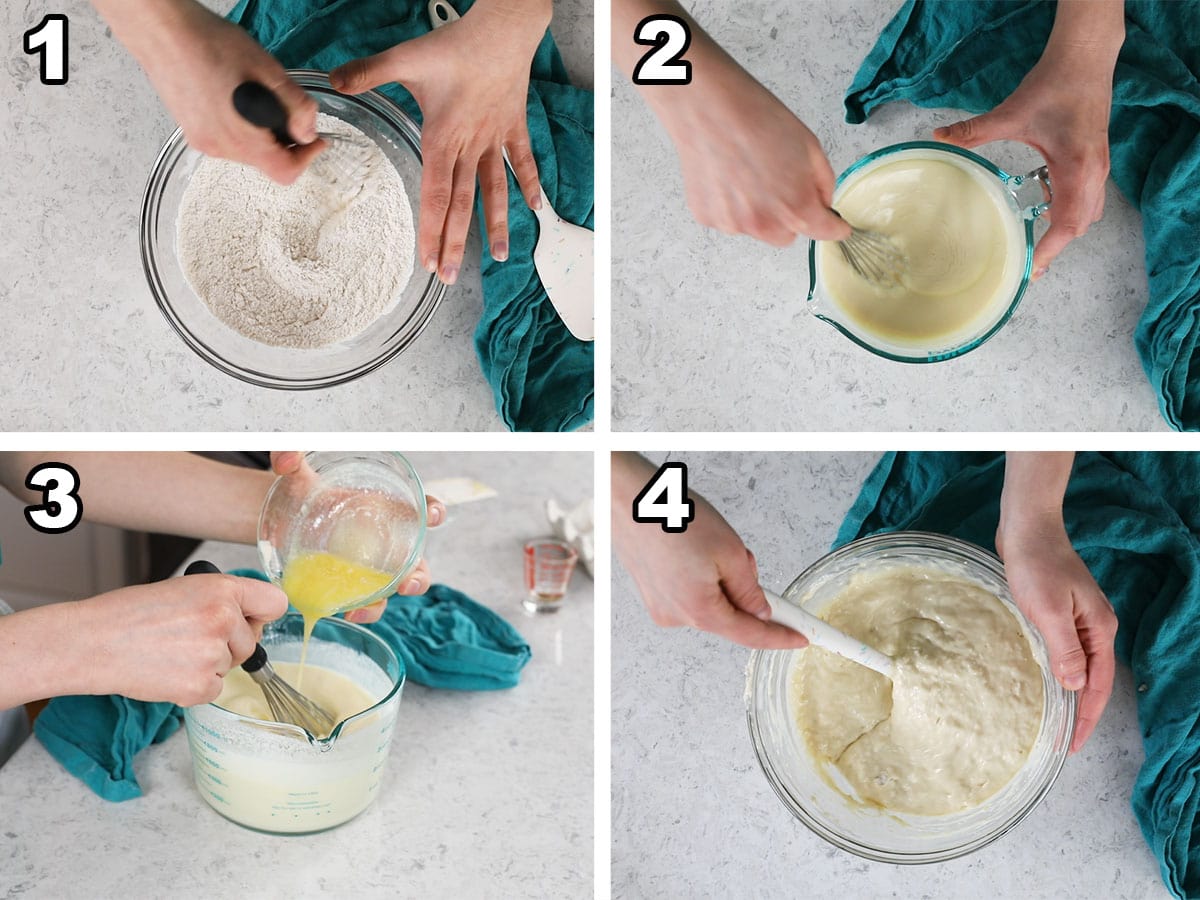 Collage of four photos showing pancake batter being prepared.