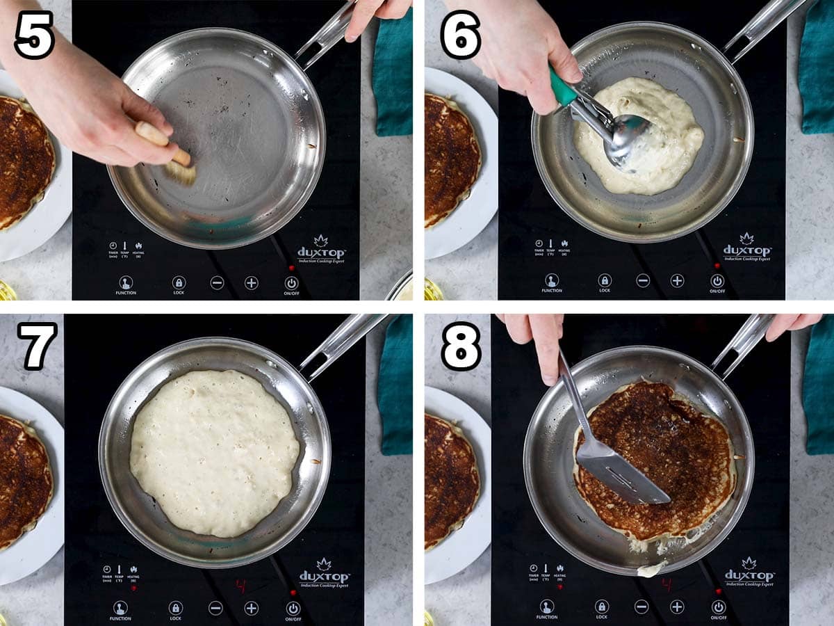 Collage of four photos showing pancake batter being added to a hot pan and cooked.
