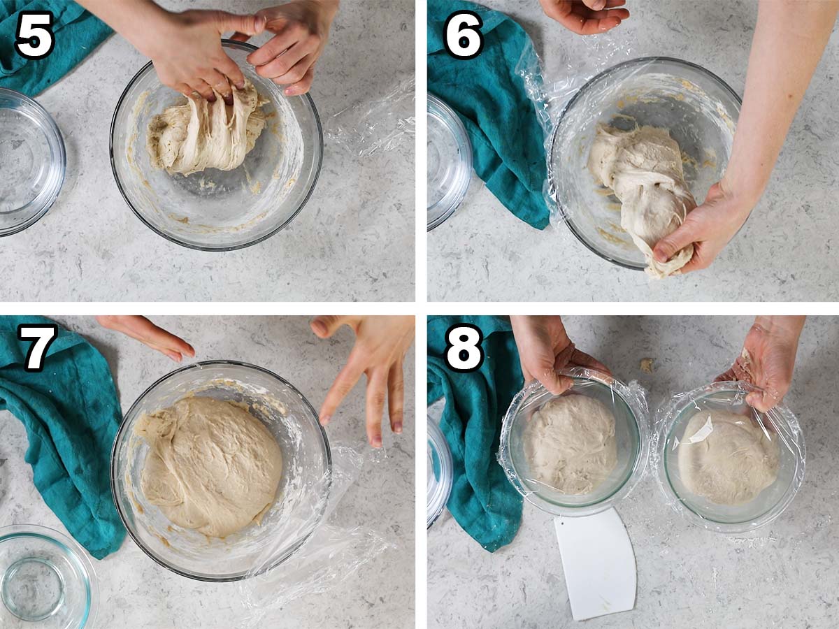 Collage of four photos showing dough being stretched and folded before being separated into two bowls.