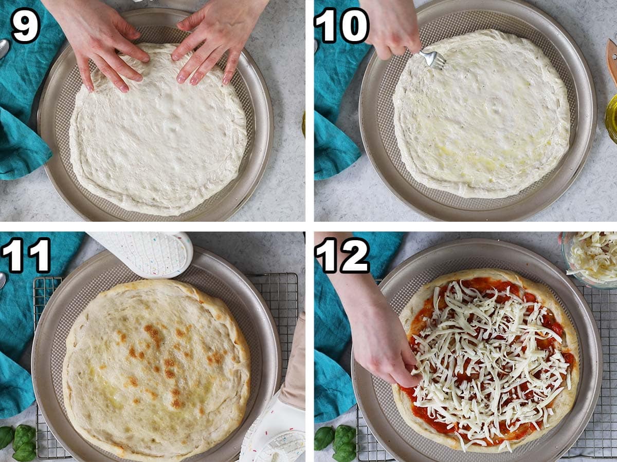 Collage of four photos showing pizza dough being stretched and poked with a fork before being parbaked and topped with sauce/cheese.