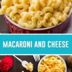 collage of macaroni and cheese, top image of full bowl of mac and cheese , bottom image of two bowls photographed from above