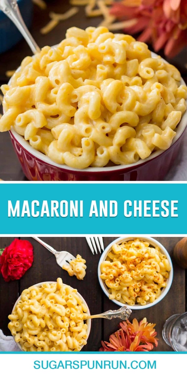collage of macaroni and cheese, top image of full bowl of mac and cheese , bottom image of two bowls photographed from above