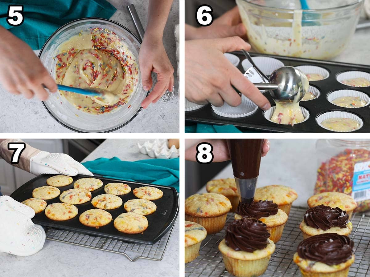 Collage of four photos showing cupcakes being prepared, baked, and frosted.