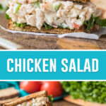 collage of chicken salad, top image of sandwich with chicken salad lettuce on toasted bread close up, bottom image of two halves nicely placed on wood slab