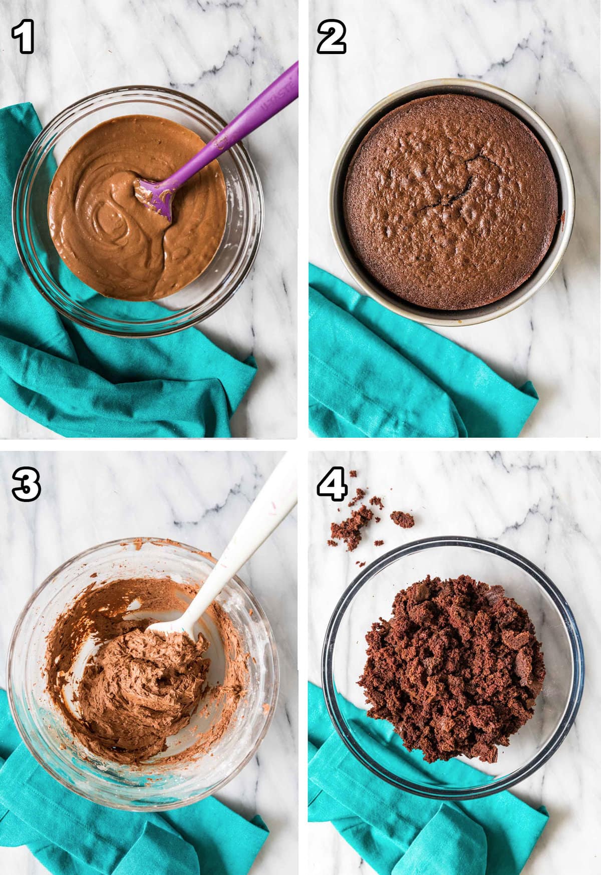 collage of chocolate cake pop process steps one through four