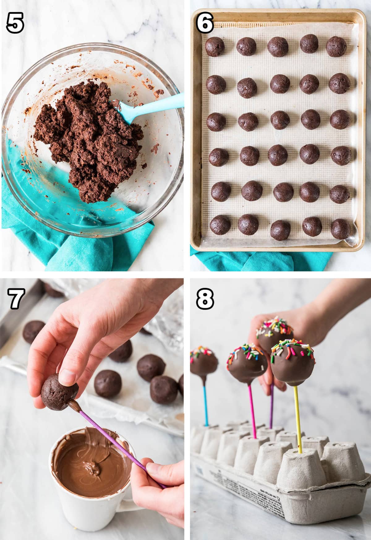 collage of chocolate cake pop process steps five through eight