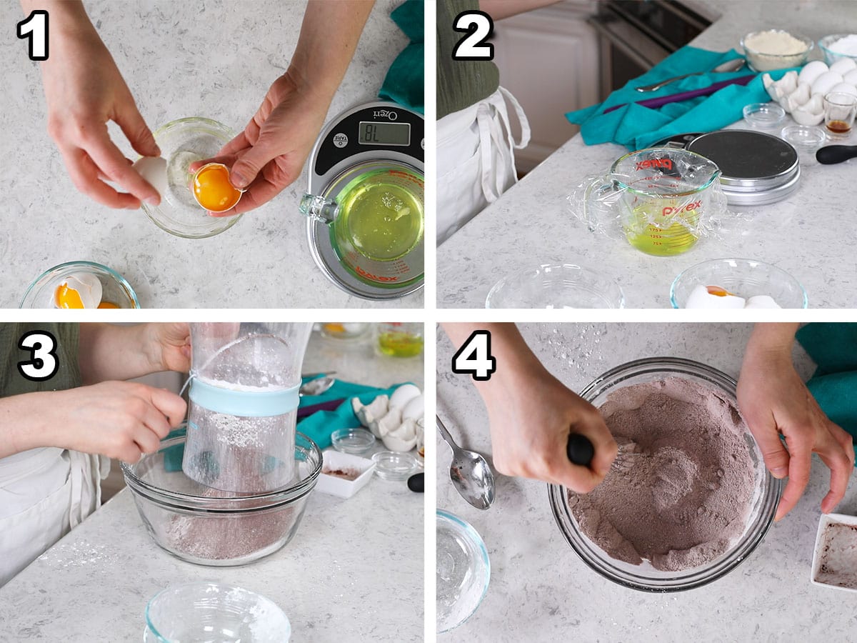 Collage of four photos showing egg whites being separated and a cocoa powder mixture being sifted and whisked.