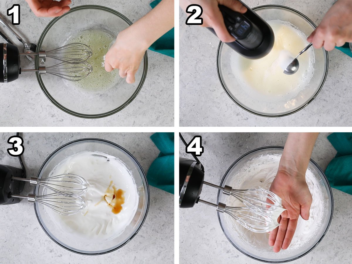 Collage of four photos showing egg whites being whipped to stiff peaks.