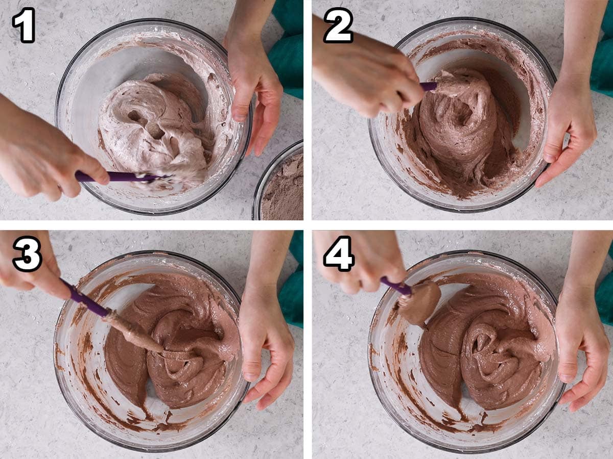 Collage of four photos showing chocolate macaron batter being folded and scraped in a bowl.