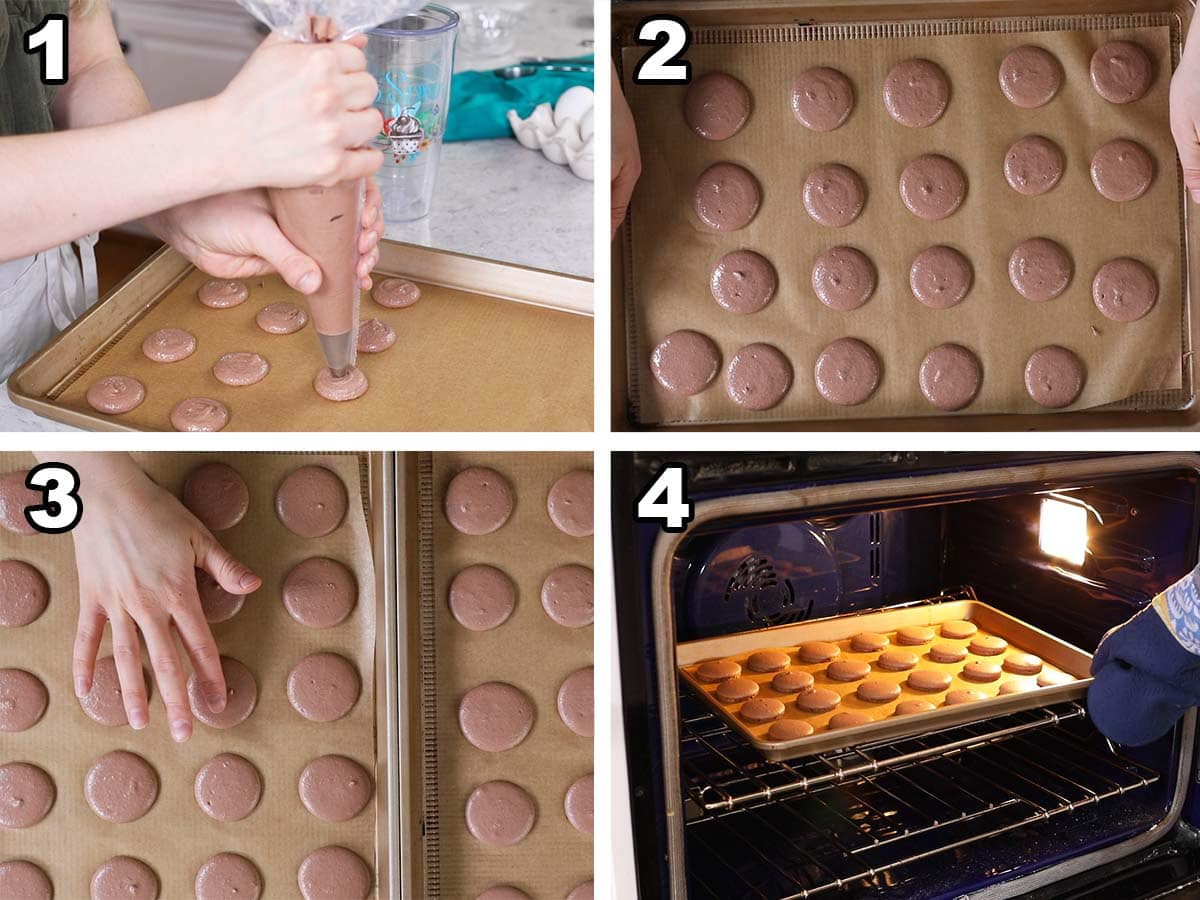 Collage of four photos showing chocolate macaron batter being piped onto a baking sheet and baked.