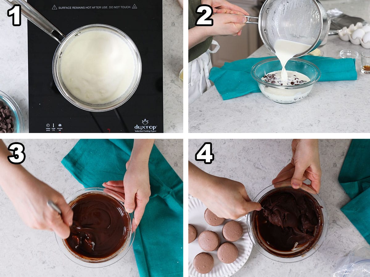 Collage of four photos showing chocolate ganache being prepared.