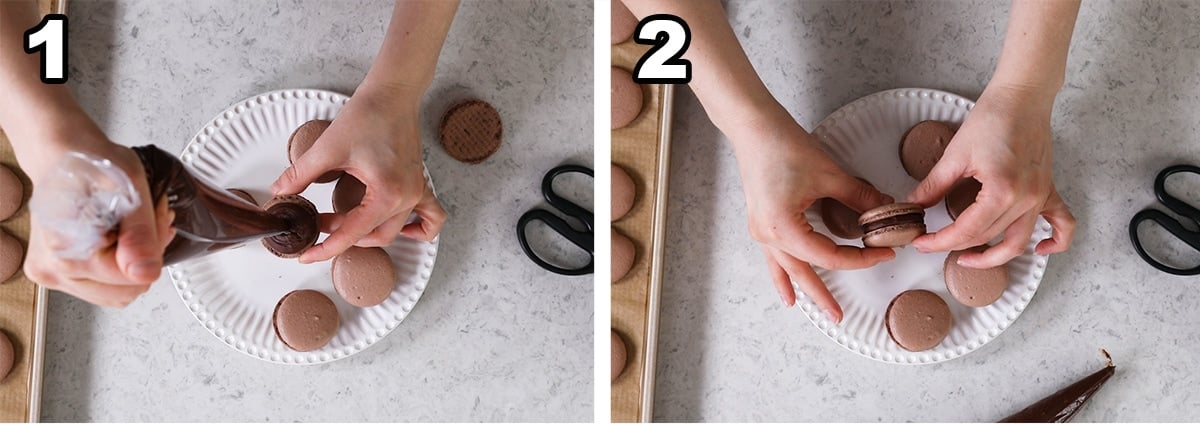 Collage of two photos showing chocolate ganache being piped into chocolate meringue shells.