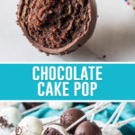 collage of chocolate cake pops, top image is a close up of cake pop with bite taken out, bottom image of white chocolate and milk chocolate coated cake pops on white serving tray.