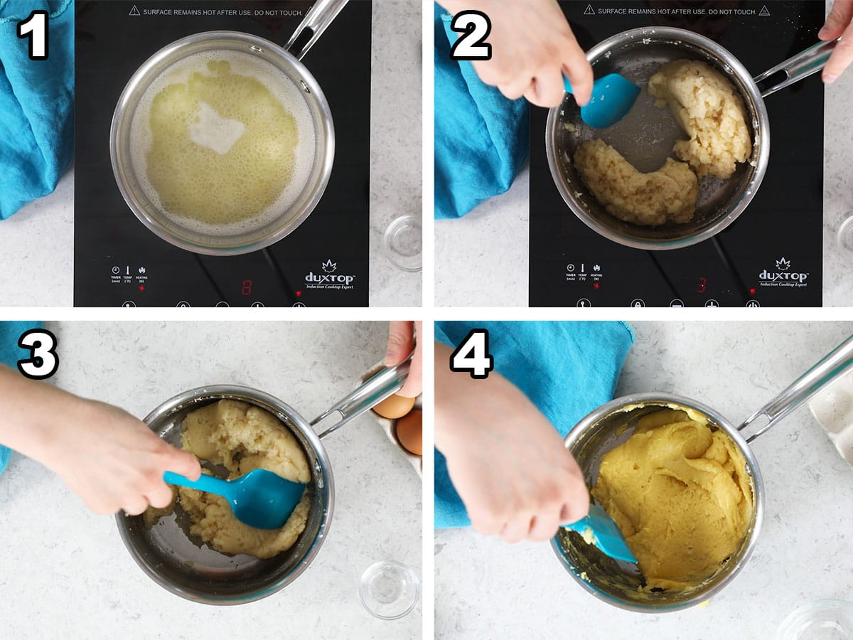 Collage of four photos showing choux pastry dough being prepared.