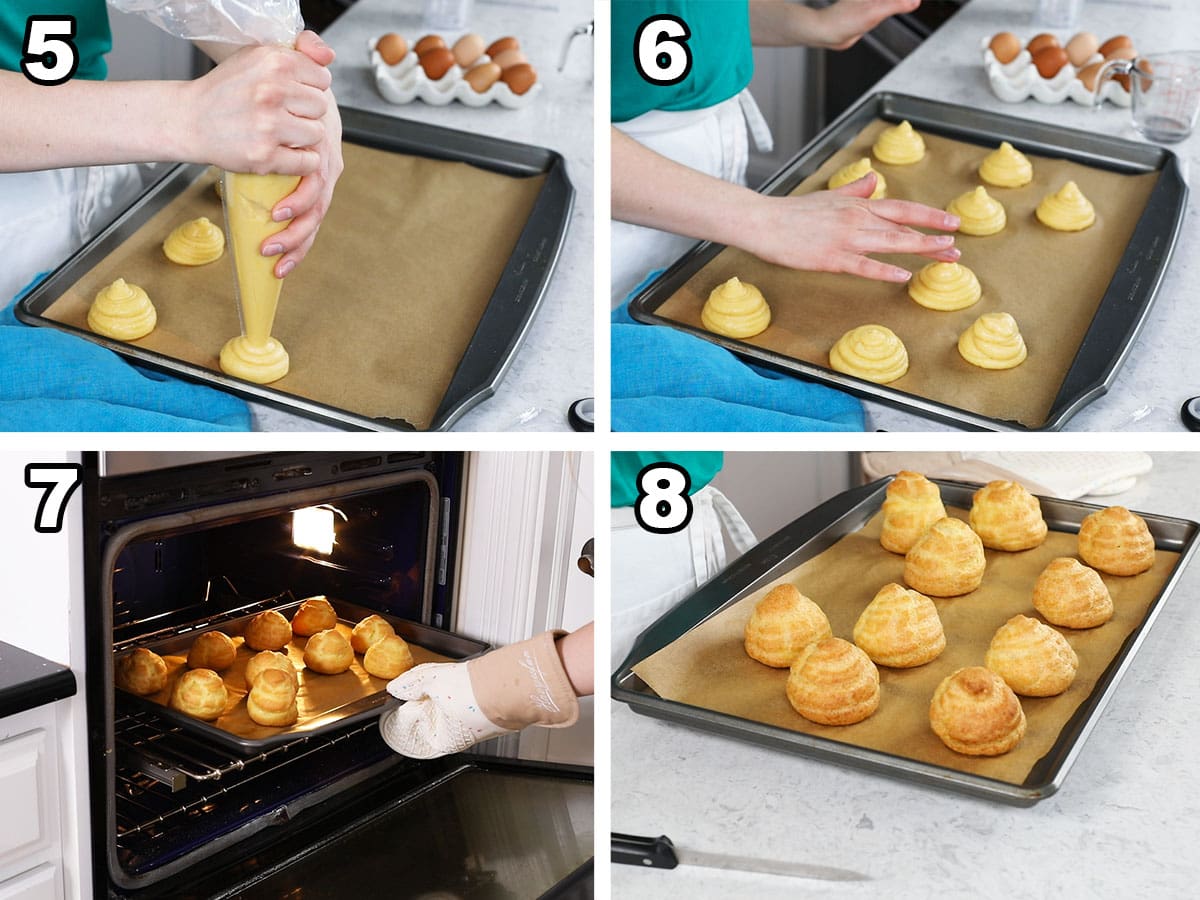 Collage of four photos showing choux dough being piped onto a baking sheet and baked.