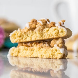 Cross section of coffee cake cookies stacked on top of each other.