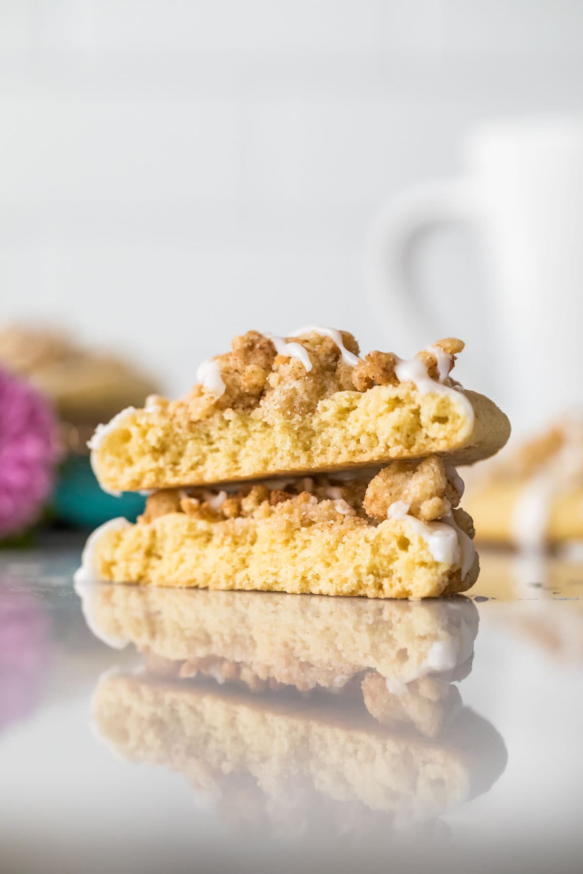 Cross section of coffee cake cookies stacked on top of each other.