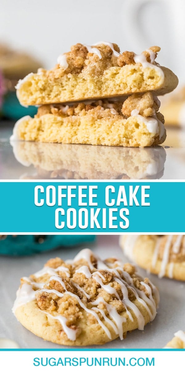 collage of coffee cake cookies, top image of two cookies stacked cut in half, bottom image of single cookie close up
